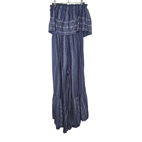 Japna Floral Strapless Boho Wide Leg Jumpsuit Ruffle Hem Blue White Size Small - Picture 2 of 7